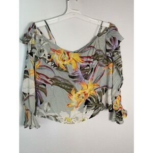 Guess Los Angeles Floral Cold Shoulder Top Sage Green Tropical Ruffle Small NWT